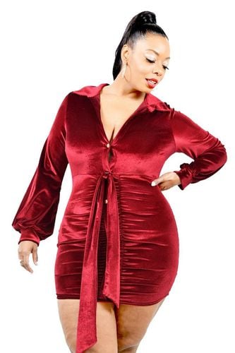 Plus Velvet Bishop Sleeve Mini Dress - KandyKouture - Modalova