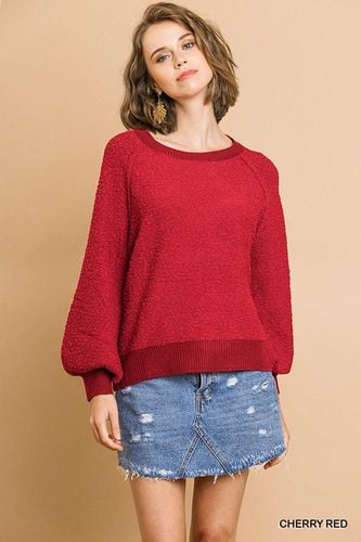 Puff Sleeve Boat Neck Sweater - KandyKouture - Modalova