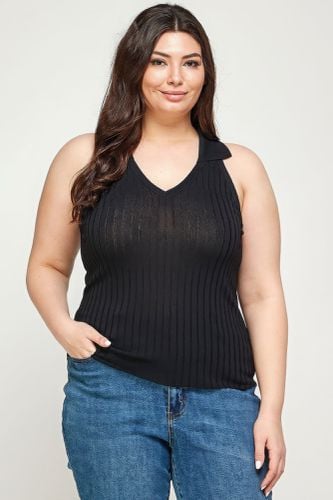 Plus Size, Solid Ribbed Knit Polo Sleeveless Top - KandyKouture - Modalova