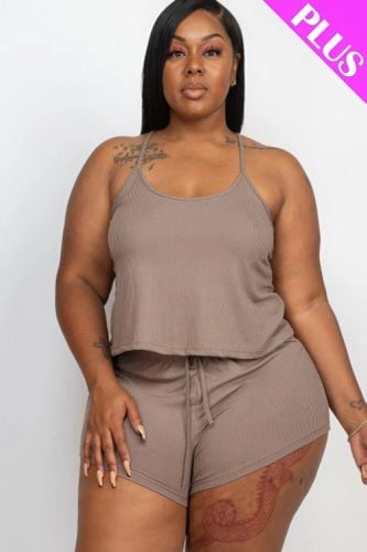 Plus Ribbed Strappy Top And Shorts Set - KandyKouture - Modalova