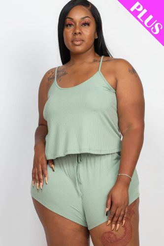 Plus Ribbed Strappy Top And Shorts Set - KandyKouture - Modalova