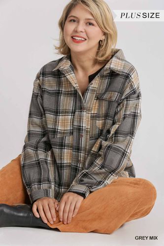 Plaid Collar Button Down Overshirt With Front Pockets - KandyKouture - Modalova