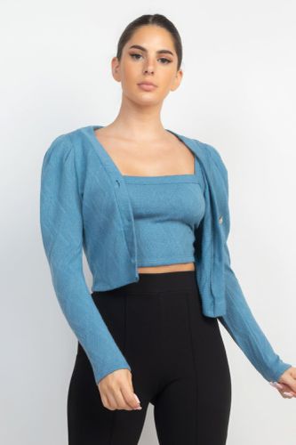 Geometric Cami Puff Sleeves Blazer Top Set - KandyKouture - Modalova