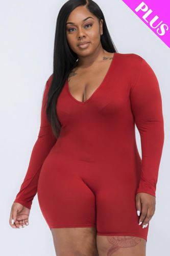 Plus V-neck Long Sleeve Bodycon Romper - KandyKouture - Modalova