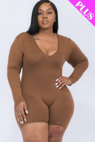 Plus V-neck Long Sleeve Bodycon Romper - KandyKouture - Modalova