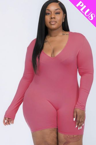 Plus V-neck Long Sleeve Bodycon Romper - KandyKouture - Modalova