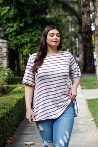 Plus Stripe Bell Short Sleeve Top - KandyKouture - Modalova