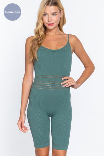 Round Neck Pointelle Detail Seamless Rib Romper - KandyKouture - Modalova