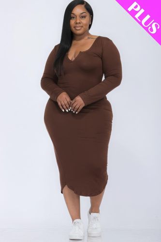 Plus Size Split Neck Long Sleeve Midi Dress - KandyKouture - Modalova