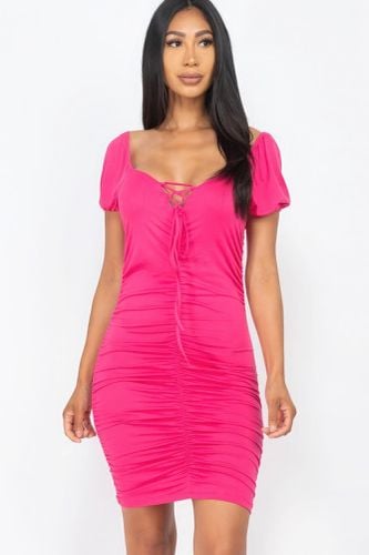 Front Lace Up Ruched Mini Dress - KandyKouture - Modalova