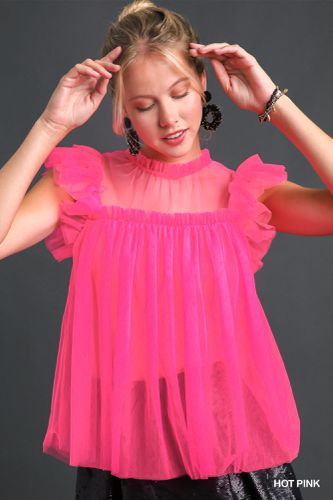 Mesh Ruffle Sleeve & Round Neck Top - KandyKouture - Modalova