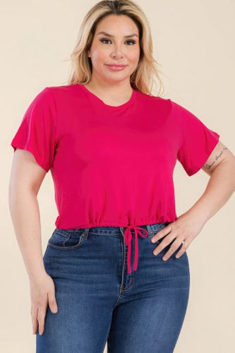 Plus Size Tie Front Drawstring Short Sleeve Crop Top - KandyKouture - Modalova