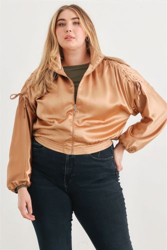 Plus Satin Zip-up Ruched Long Sleeve Cropped Bomber Jacket - KandyKouture - Modalova