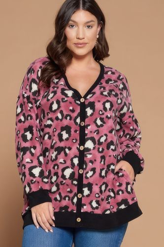 Plus Size Cozy Animal Mir Print With Brush Button Up Cardigan - KandyKouture - Modalova