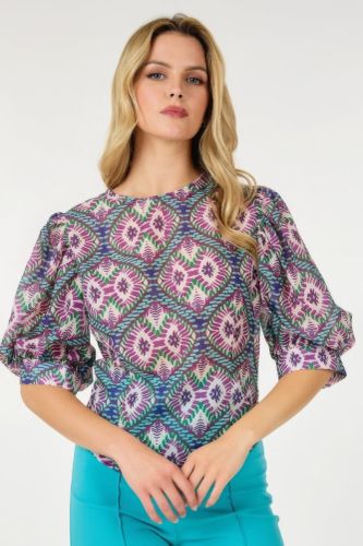 Puff Sleeve Multi-print Top - KandyKouture - Modalova