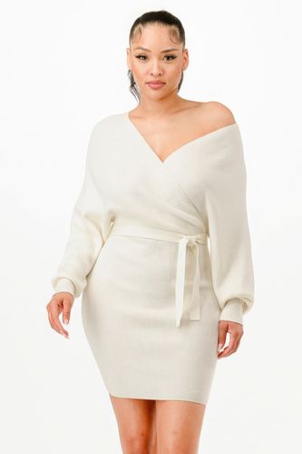 Off Shoulder Wrap Belted Ribbed Sweather Dress - KandyKouture - Modalova