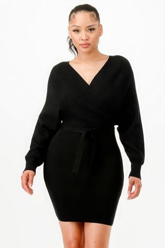 Off Shoulder Wrap Belted Ribbed Sweather Dress - KandyKouture - Modalova