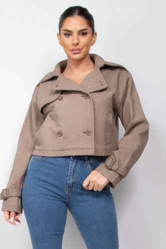 Notch Buckled Sleeve Crop Trench Coat - KandyKouture - Modalova