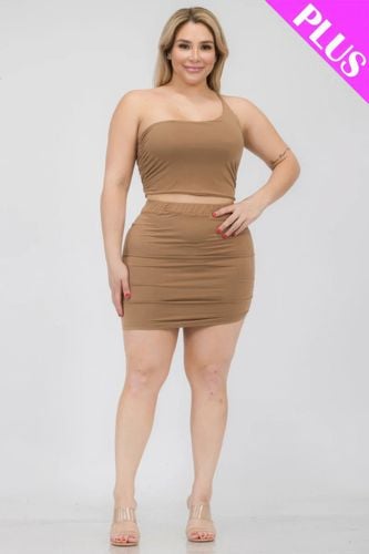 Plus Size One Shoulder Ruched Crop Top & Mini Skirt Set - KandyKouture - Modalova