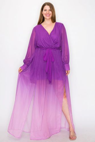 Ombre Chiffon Wrap Front Long Sleeve Tie Waist Slit Front Maxi Dress - KandyKouture - Modalova