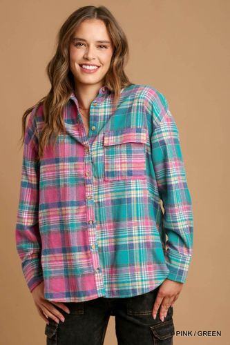 Mixed Plaid Boxy Cut Button Down Flannel With Front Pocket - KandyKouture - Modalova