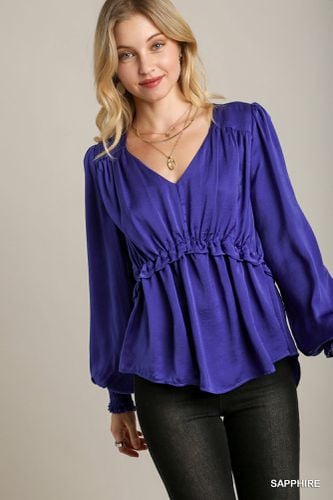 Satin V-neck Ruffle Baby Doll Top With Cuffed Long Sleeve - KandyKouture - Modalova