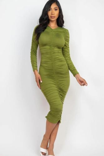 Ruched Long Sleeve Midi Dress - KandyKouture - Modalova