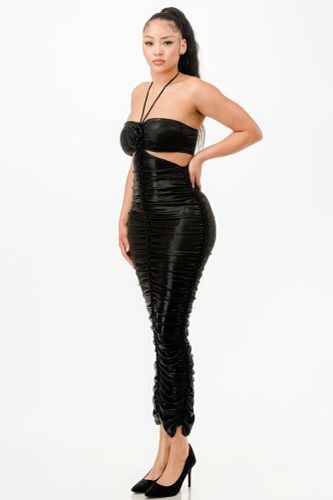 Metallic Rushed Halter Dress - KandyKouture - Modalova