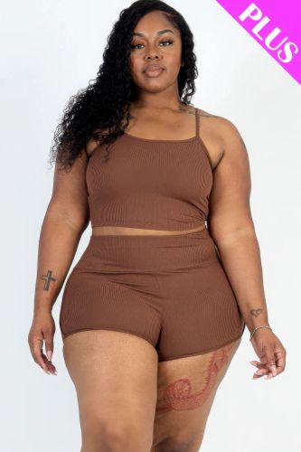 Plus Size Ribbed Cami Crop Top & Ruched Shorts Set - KandyKouture - Modalova