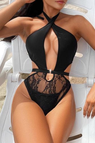 Black Strappy Lace 2 Layer Halter Sexy 2Pc Swimsuit Monokini - AMIClubwear - Modalova