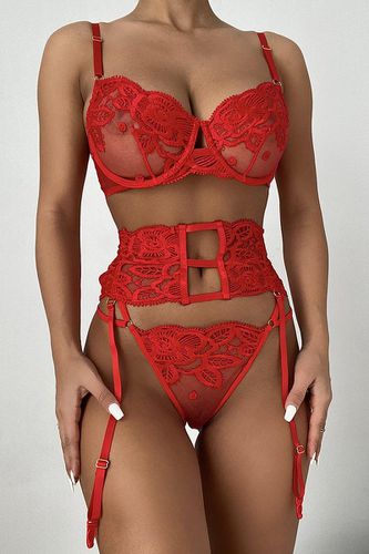 Red Floral Lace Mesh Sheer Strappy Bra Thong Garter Belt 3Pc Lingerie Set - AMIClubwear - Modalova