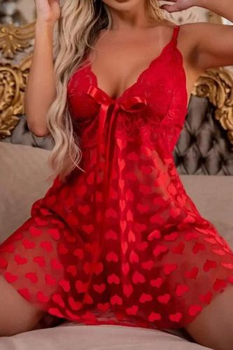 Red Heart Printed Mesh Lace Bow Teddy Slip Thong 2Pc Lingerie Set - AMIClubwear - Modalova