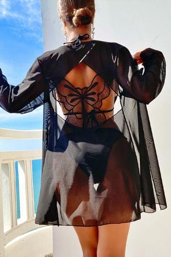 Black Triangle Cheeky Butterfly Cut Out Kimono Cover-Up 3 Pc Sexy Swimsuit Set - AMIClubwear - Modalova