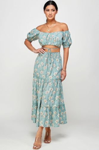 Floral Off Shoulder Sleeve Back Tie Top Skirt Set - KandyKouture - Modalova