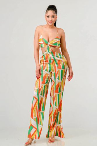 Luxe geo print satin bra top and palazzo jumpsuit - KandyKouture - Modalova