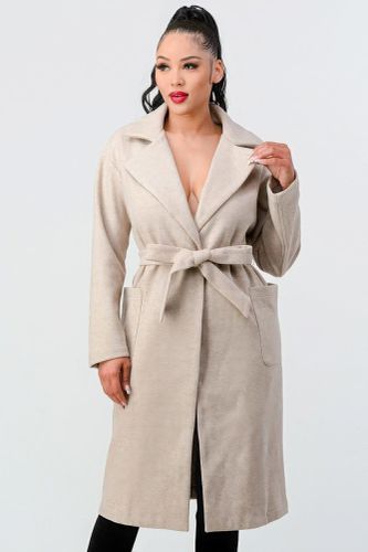 Luxe Wool Waist Tie Side Pockets Midi Length Coat - KandyKouture - Modalova