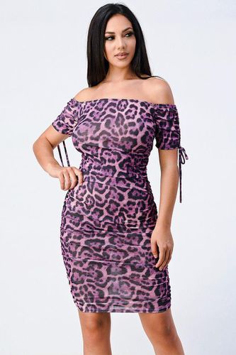 Leopard Print Off Shoulder Shirring Bodycon Dress - KandyKouture - Modalova