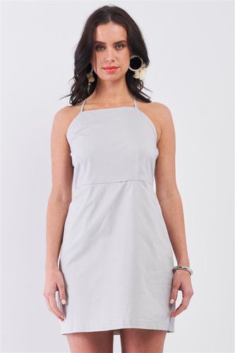 Light Grey Cotton Sleeveless Back Criss Cross Straps Square Neck Side Pockets Apron Mini Dress - KandyKouture - Modalova