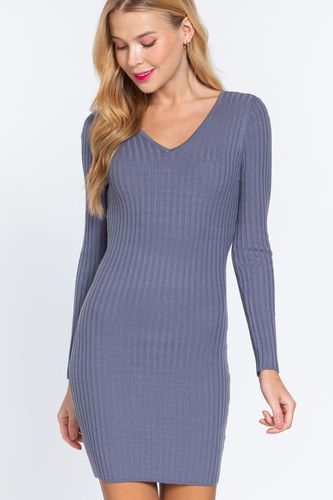 Long Slv V-neck Sweater Mini Dress - KandyKouture - Modalova