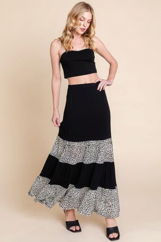 Long Tiered Contrast Fashion Skirt With Velvet Animal Print Mesh - KandyKouture - Modalova