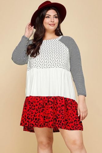 Plus Size Cute Polka Dot And Animal Print Contrast Swing Tiered Dress - KandyKouture - Modalova