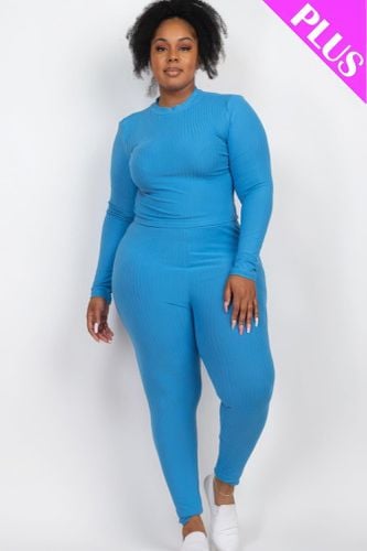 Plus Ribbed Mock Neck Long Sleeve Top & Leggings Set - KandyKouture - Modalova