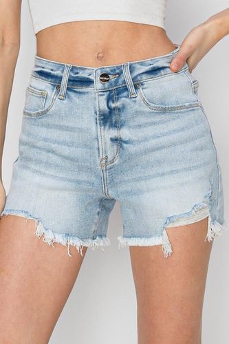 RISEN High Waist Frayed Detail Denim Shorts - Trendsi - Modalova