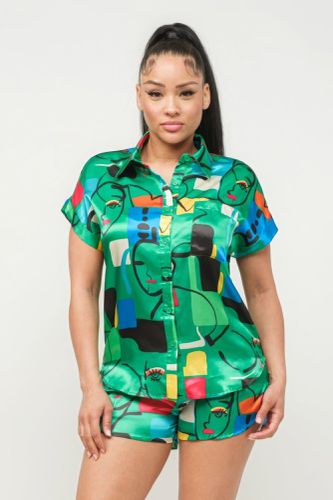 Satin Dolman Print Button Down Top And Shorts Set - KandyKouture - Modalova