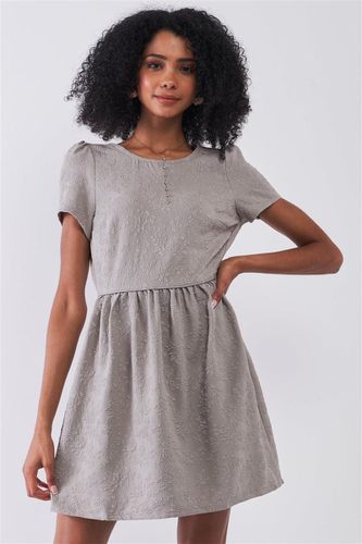 Silver Grey Floral Embroidery Round Neck Short Sleeve Mini Dress - KandyKouture - Modalova