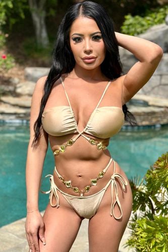 Beige Rhinestones Strappy Bandeau Halter Cheeky 2Pc Swimsuit Bikini - AMIClubwear - Modalova