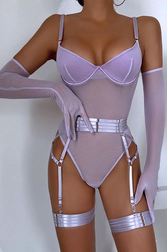 Lavender Mesh Teddy Garter Belt Gloves 5Pc Sexy Lingerie - AMIClubwear - Modalova