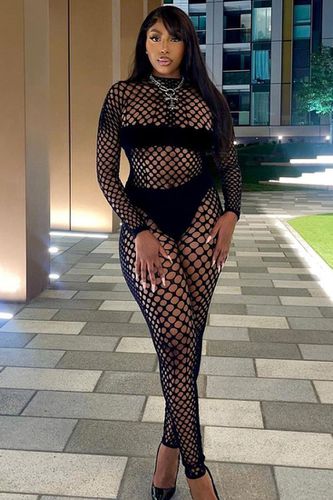 Black Netted Stretchy Fitted Crop Top Leggings 2Pc Sexy Outfit - AMIClubwear - Modalova