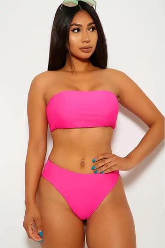 Neon Fuchsia Bandeau High Waist Two Piece Swimsuit - Kandy Kouture - Modalova