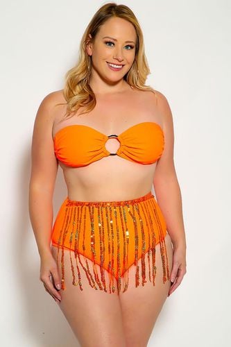 Neon Orange Fringe Sequins Bandeau Plus Size Two Piece Swimsuit - AMIClubwearStore - Modalova